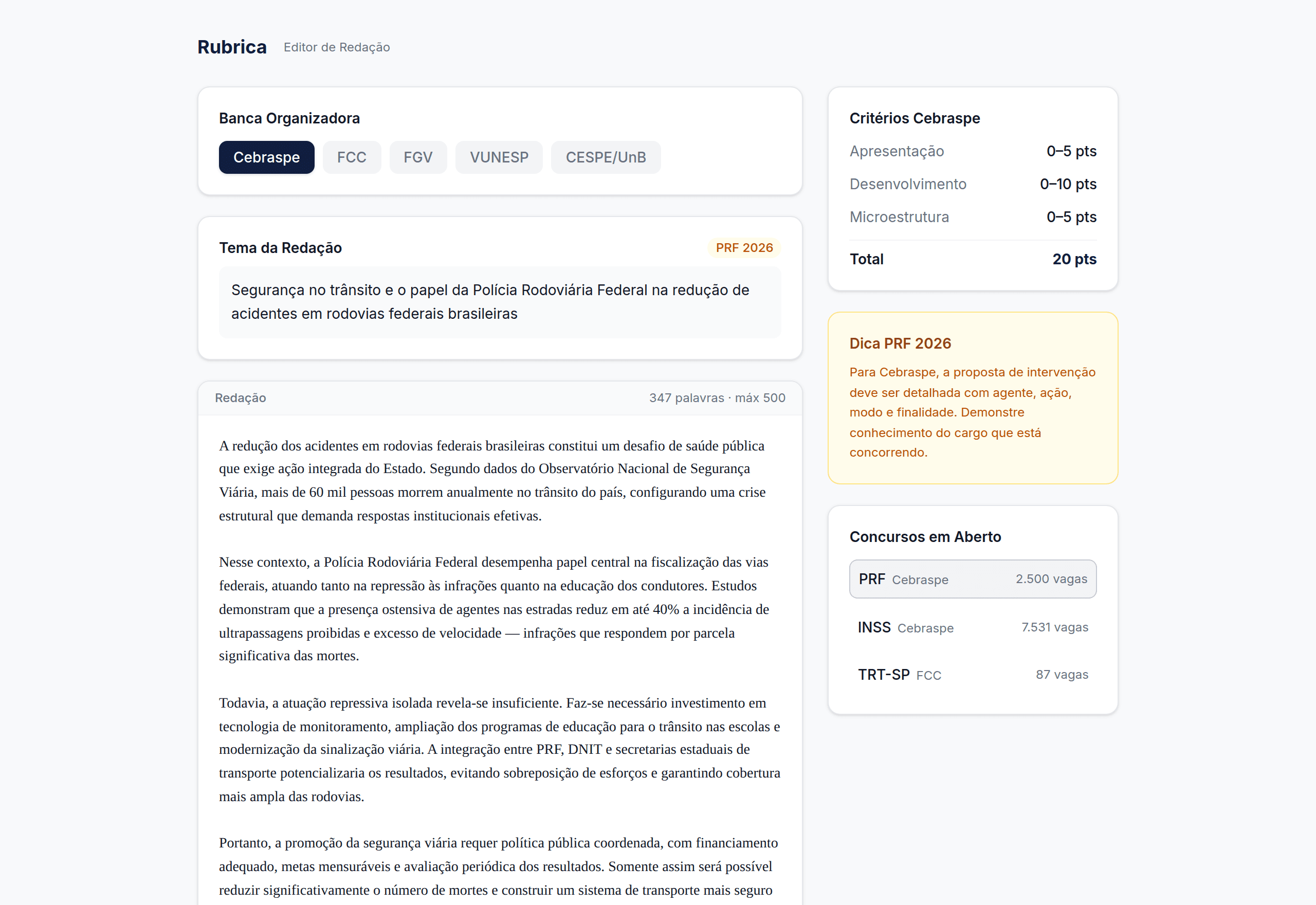 Editor de redação da Rubrica com seleção de banca e textarea